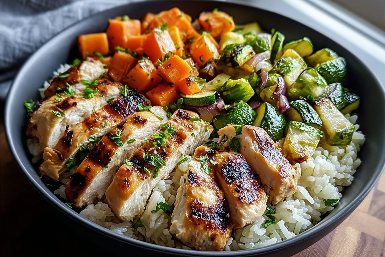 Grilled Chicken Garlic Veggie Rice Bowl