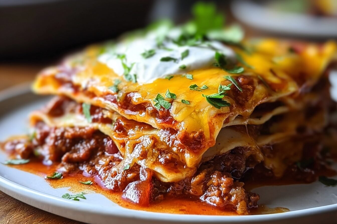 New Mexico Style Stacked Red Enchiladas