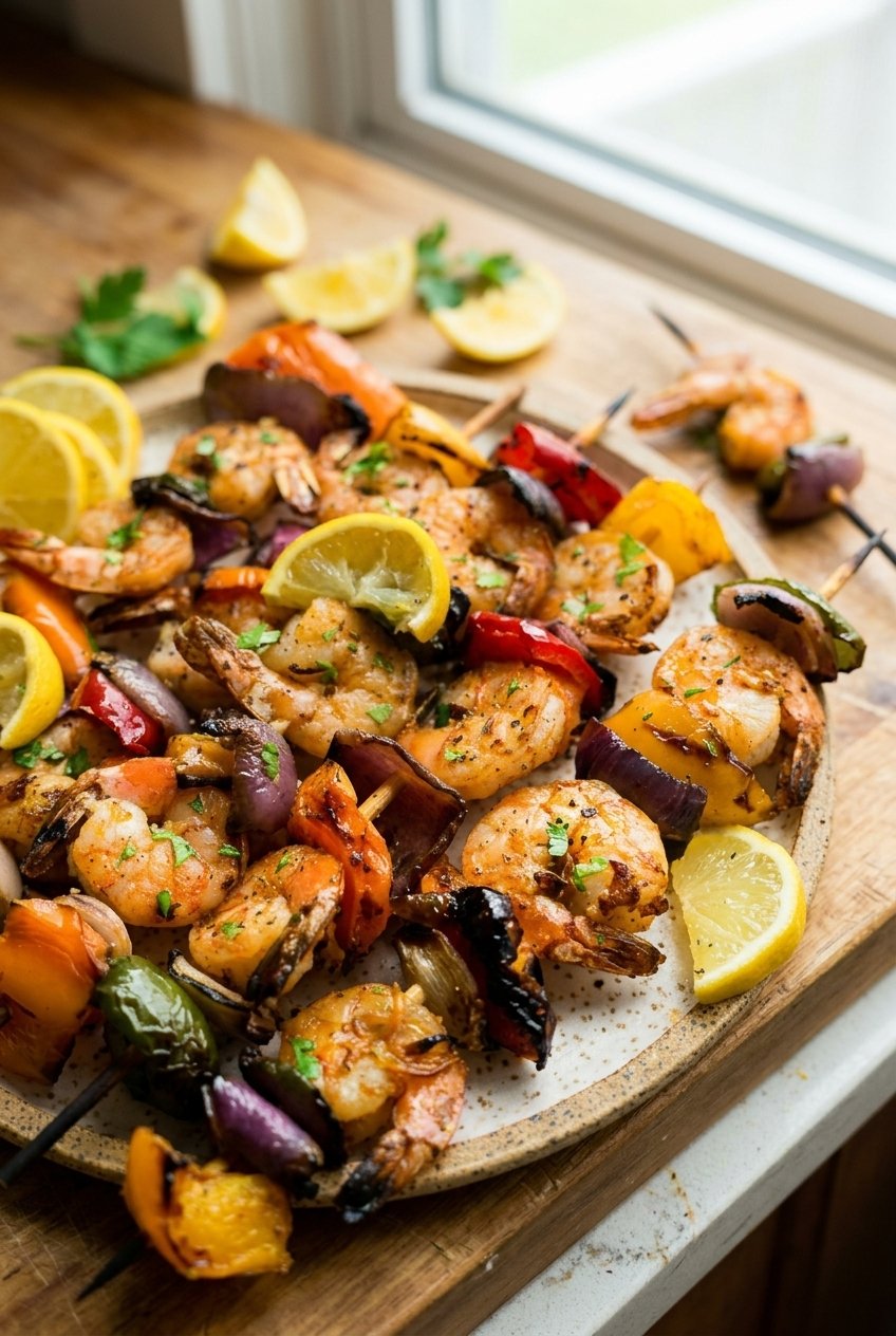Grilled Lemon Garlic Skewers Recipe 6 Grilled Lemon Shrimp Skewers With Vegetables